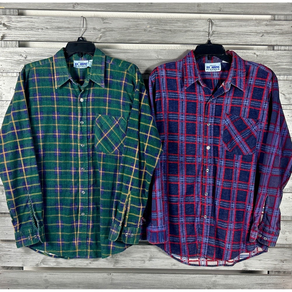 Vintage Lot 2 Haband's Ice House Flannels Mens M Plaid Button Down Shirt 90s